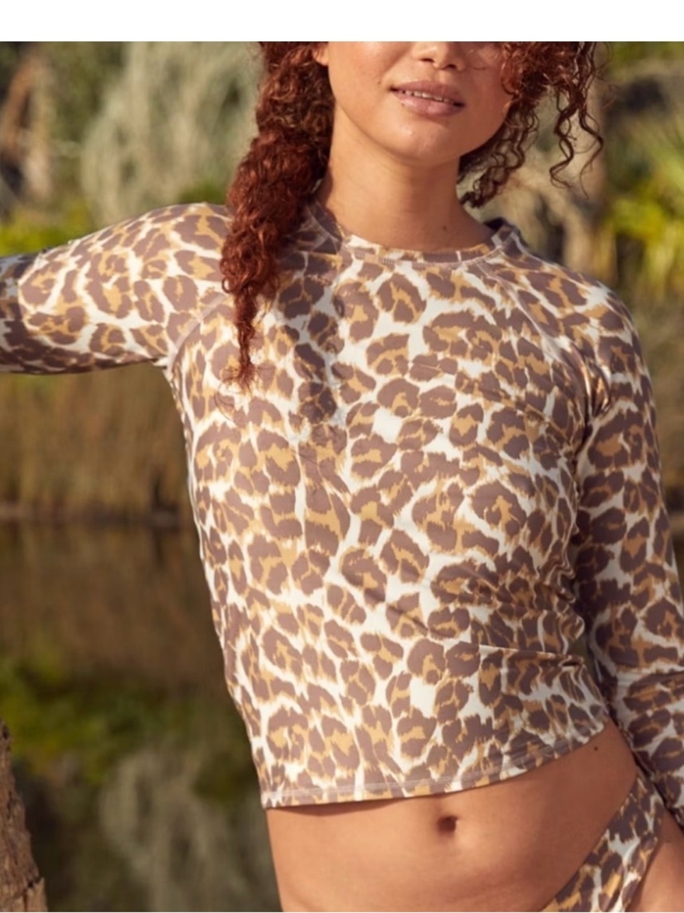 aerie Leopard-Print Long Sleeve Top in Tan and White